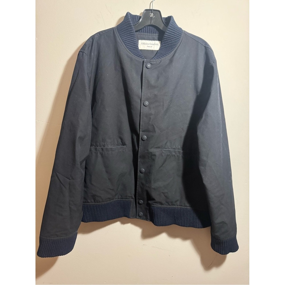 Officine Generale Bomber Jacket Mens Navy Blue Snap Front Ribbed Trim